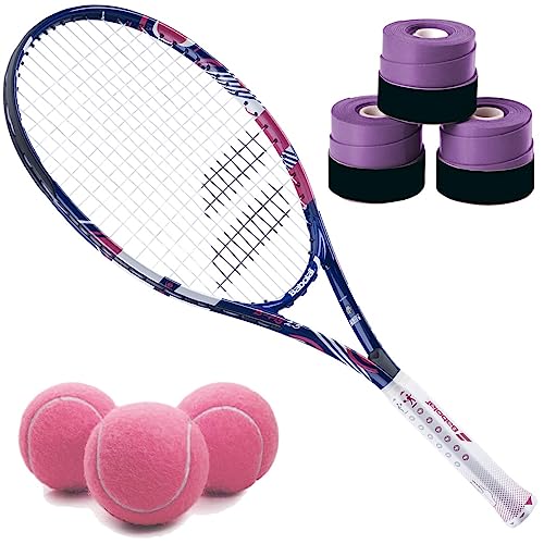 Babolat B'Fly Tennis Racquet Bundled with 3 Overgrips and 3 Pink Tennis Balls - color: Purple Overgrip, size: 21" Racquet
