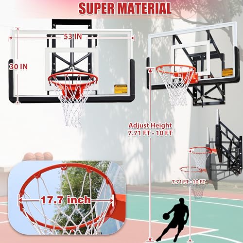 53” Wall Mount Basketball Hoop - Aluminum Alloy Frame & PC Backboard | Adjustable Height 7.71-10ft | Shatterproof, All-Weather | Indoor/Outdoor | Garage/Backyard