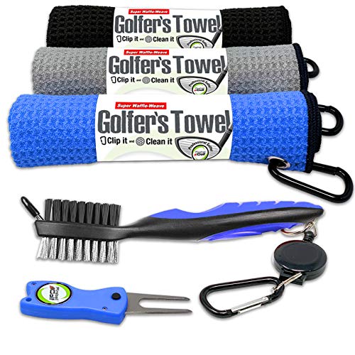 Towel Gifts and Accessories Set (Many Colors) - 3 Golf Towels, Golf Divot Tool, Ball Marker, and Golf Cleaning Brush, Golf Gifts for Men, Women, Children - color: Blue