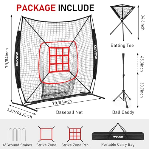 7x7 ft Baseball Net for Batting Pitching Hitting, Softball Pitching Net with Strike Zone, Tee, Ball Caddy, Softball Batting Net Baseball Training Equipment for Kids Adult Youth Sport Practice - color: Black