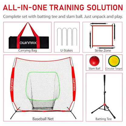 7x7 FT Baseball Net, Baseball & Softball Training net with Batting Tee, Strike Zone & Circular Target and Weighted Ball, Portable Design with Compact Storage