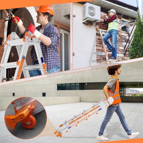 LEVELEVE A Frame 5 Step Ladder, 17FT Extension Ladder with Stabilizer Bar & Wheels,330 lbs Security Load Multi Position Ladder for Stairs Home Indoor Outdoor Roof