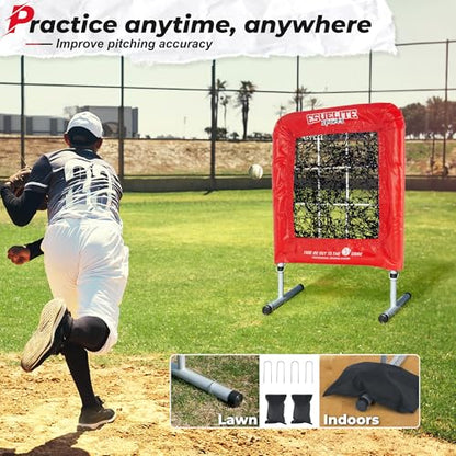 Heavy-Duty 9 Hole Pro Style Baseball & Softball Pitching Net with Strike Zone Target - Adjustable Portable Design - style: Red Pro