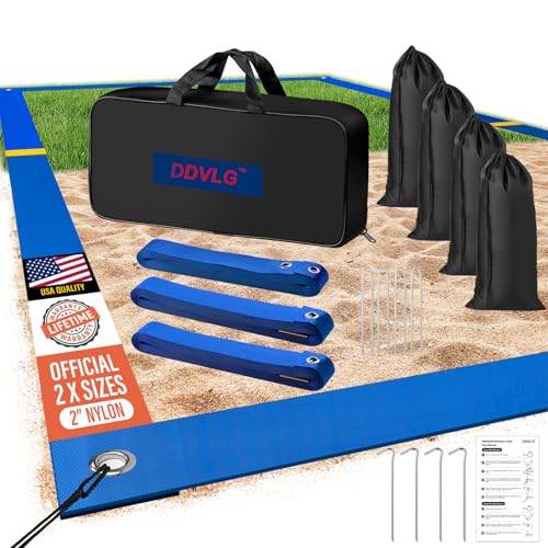 Professional Beach Volleyball Lines for Sand, 2" Nylon | Ultra-Visible Marking | Weather-Enduring, with Metal Anchors & Sandbags, Standard Sizes - 26.3' x 52.6' or 30' x 60' - color: Blue, size: 26.3 X 52.6 FT- Beach|Grass