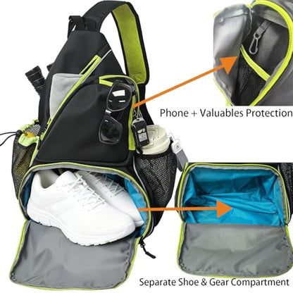 Pickleball Sling Bag with Shoe Compartment for Men Women, Professional 2-3 Paddle Backpack, Large Capacity Bag with 36oz Water Bottle Pocket & Fence Hook - color: Black/Neon Green