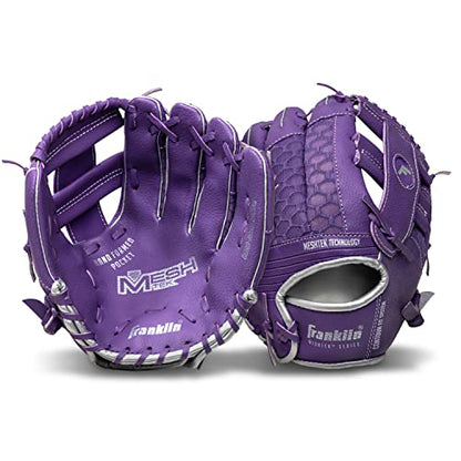 Franklin Sports Kids Baseball Glove + Foam Ball Sets - Meshtek Youth Teeball Gloves for Kids + Toddlers - Left + Right Hand Throw - 9.5" Inch - color: Purple/Chrome