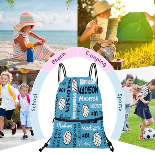 Custom Volleyball Style Drawstring Bag, Personalized Sports Ball Backpack Drawstring Sack Cinch Bags for Team Gift Party Favors, Light Blue - color: Dark Pink