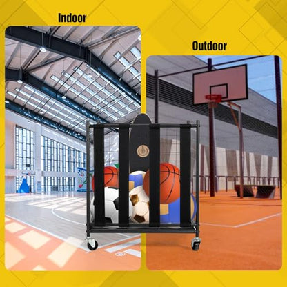 RedSwing Ball Storage Bin Rolling Sports Ball Cart, Metal Garage Sports Equipment Organizer with Elastic Straps,Volleyball Softball Basketball Cage Storage Rack for Garage Playgroup Gym School