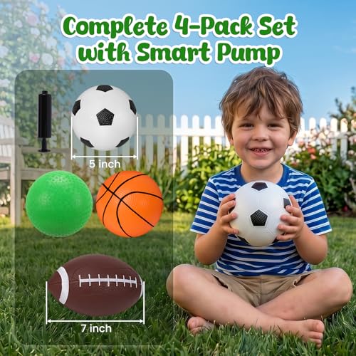 3 otters 4-Pack Sports Balls for Toddlers & Kids, Playground Balls with Pump, 5-Inch Soccer Ball, Basketball, Kickballs, Stockings for Grandkids, Toys for 2+ Boy Indoor/Outdoor Play