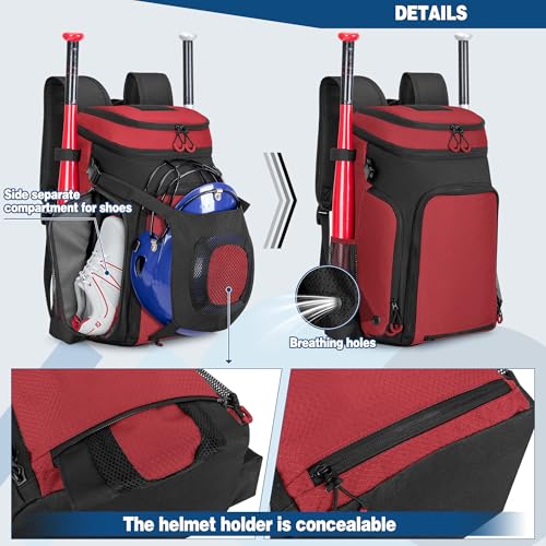 Smasrob Baseball Bag for Adult and Youth, Baseball Backpack Softball Bag with Helmet Holder, Shoe Compartment and Fence Hook - color: Red