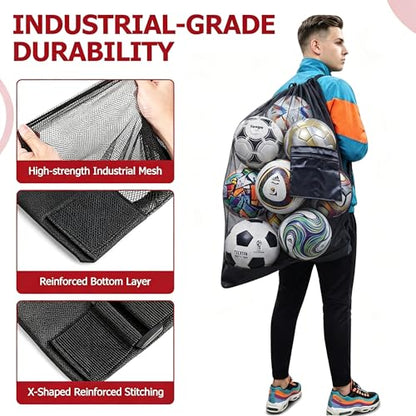 Extra Large Mesh Ball Bag with Pocket, Holds 13 Soccer Balls, 10 Basketballs, Heavy Duty Drawstring Net Bag, Team Coaches Sports Equipment Storage Duffle Sack for Volleyball, Swimming Gear