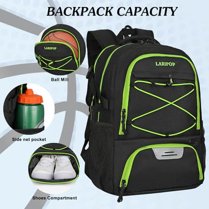 LARIPOP Basketball Backpack Large Basketball Bag with Ball Holder & Shoe Compartment for Youth Adults Men Women - color: Green
