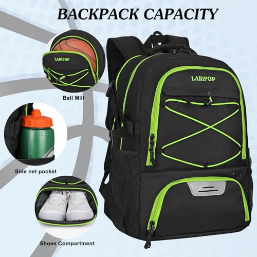 LARIPOP Basketball Backpack Large Basketball Bag with Ball Holder & Shoe Compartment for Youth Adults Men Women - color: Green