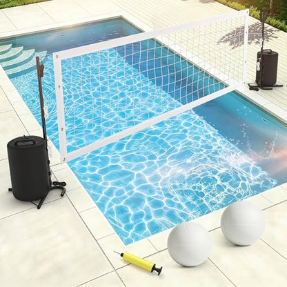Pool Volleyball Net Set, No Drilling Base Free with Dual 25L Water Bags for Stability,Includes Heavy Duty Anti-Sag & 2 Volleyballs with Pump, for Above Ground & Inground Pools & Swimming Pool Games