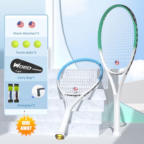 Adult 2 Player Tennis Racket Perfect for Beginner and Professional Players, 27” Speed Tennis Racquet Include Tennis Balls, Overgrips, Tennis Bag, Vibration Dampe, Cover - color: 2 Pcs White Blue Green