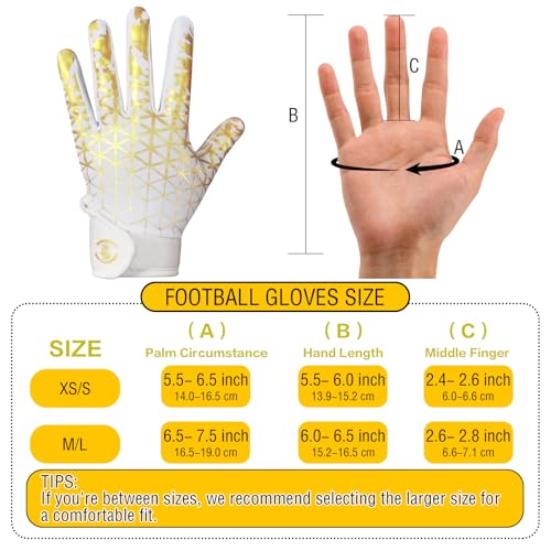 Kids Football Gloves, Excellent Grip Youth Football Receiver Gloves with Sticky Silicone Anti-Slip Elastic Breathable, Best Gift for Boys Girls - color: Gold & White, size: Kid-XS/S(5.5-6 Inch)