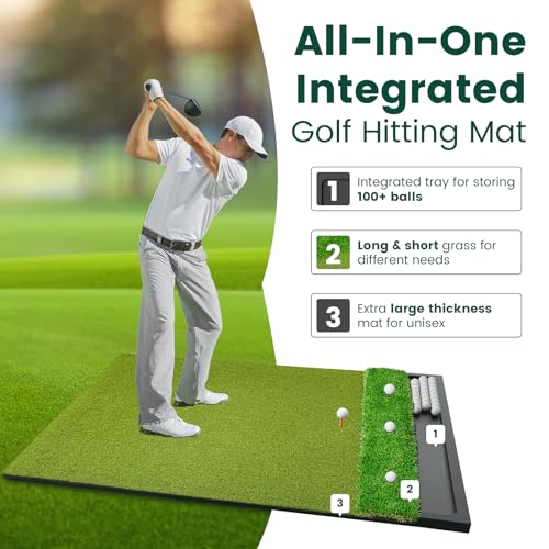 Golf Hitting Mat with Ball Tray 5x4ft - 6x4ft Dual-Turf Practice Mat for Indoor & Outdoor Use Golf Training Mat with Rubber Tee Holes, Suitable for Swing Driving & Chipping - size: 6 x 4 ft - 1.22"