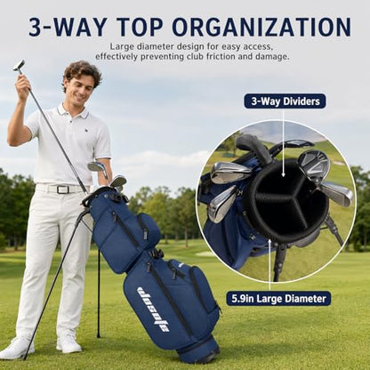 Lightweight Golf Stand Bag - 3-Way Dividers, Fits 5-9 Clubs - Small Sunday Bag for Men & Women, Par 3, Driving Range & Executive Courses - Waterproof, Dual Straps & Rain Cover Included - color: Blue Par 3 Golf Stand bag
