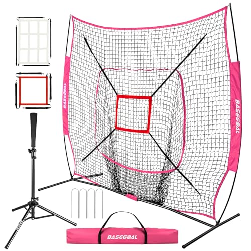 BaseGoal 7'×7' Baseball Softball Practice Net,Baseball Backstop,with Batting Tee,for Hitting Pitching Batting Catching with Bow Frame,Bonus Strike Zone - style: Purple-A