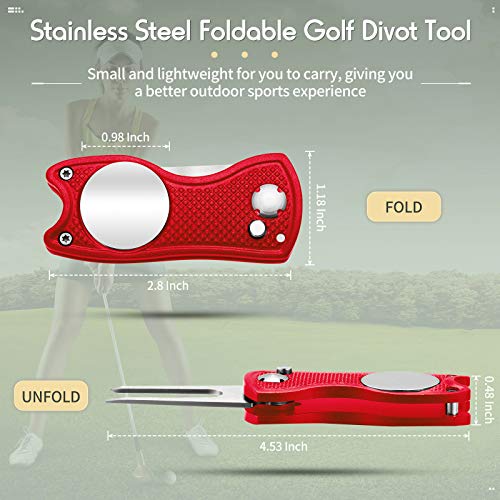 Skylety 4 Pcs Golf Divot Repair Tool Metal Foldable Golf Divot Tool with Magnetic Pop-up Button Ball Marker Stainless Steel Switchblade for Golfers Prizes - color: Red, Silver