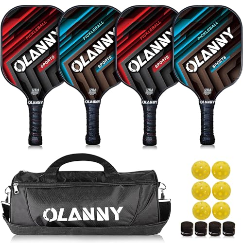 OLANNY Graphite Pickleball Paddles Set- Premium Rackets Fiber Face & Polymer Honeycomb Core Pickleball Set Includes Pickleball Paddles + Pickleball Balls+ Replacement Soft Grip + 1 Bag - color: Twill Pickleball Paddles 4 pack