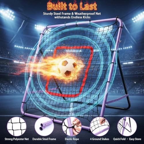 Soccer Rebounder Net, Adjustable Angle Multi-Sport Training Goal for Kids & Teens Ages 3+, Portable Backyard Practice Net with Lavender Frame & Red Target Grid