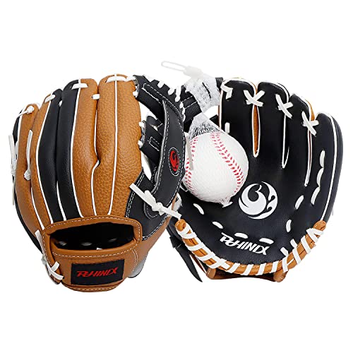 PHINIX Tee Ball Glove with Soft Baseball for Kids Play & Training 8.5"-10" - color: Right Hand Throw-Black/Brown/White, size: 9 "