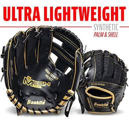 Franklin Sports Kids Baseball Glove + Foam Ball Sets - Meshtek Youth Teeball Gloves for Kids + Toddlers - Left + Right Hand Throw - 9.5" Inch - color: Black/Gold