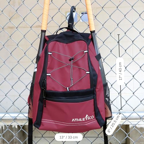 Athletico Youth Baseball Bag - Bat Backpack for Baseball, T-Ball & Softball Equipment & Gear | Holds Bat, Helmet, Glove | Fence Hook - color: Maroon