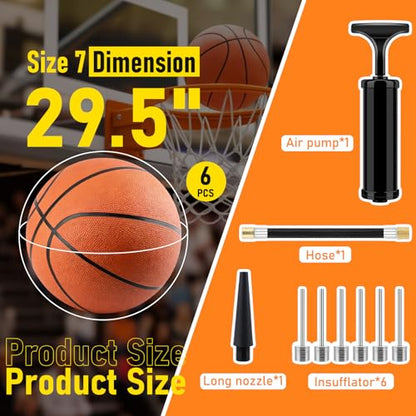 6 Pack Bulk Basketballs Official Size 7 Outdoor Indoor for Men Adults, 29.5" Inflatable Basketballs Teens Rubber Street Ball with Pump & Needles Set for Basketball Games Training Competition