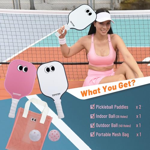 TOPPRO Pickleball Paddles Set of 2, Fiberglass Face, Polypropylene Honeycomb Core, Lightweight Pickleball Rackets 2 Pack - color: EYE Pink& White