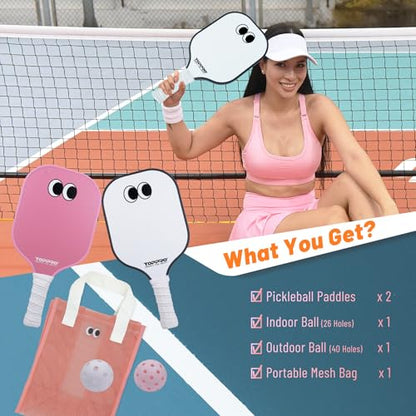 TOPPRO Pickleball Paddles Set of 2, Fiberglass Face, Polypropylene Honeycomb Core, Lightweight Pickleball Rackets 2 Pack - color: EYE Pink& White