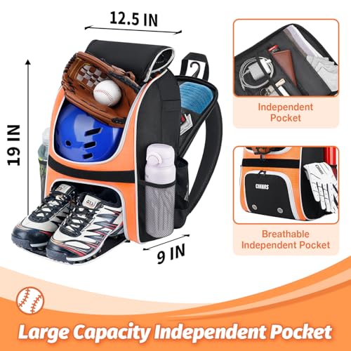 Youth Baseball Bag - Baseball Backpack Bat & Glove Holder, T-Ball & Softball Equipment & Gear,Large Main Compartment for Helmet & accessories, Fence Hook，Insulation Pocket - color: orange