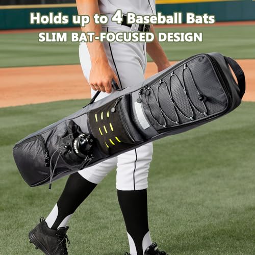 Rolling Baseball Bat Bag with Wheels, Large Capacity Gear Bag Holds 4 Bats, Reinforced Hard Base & Structured Back Panel, Top & Bottom Grab Handles, Shoe & Helmet Compartments for Youth &Adult Players - color: Grey - Slim Style - No Wheels