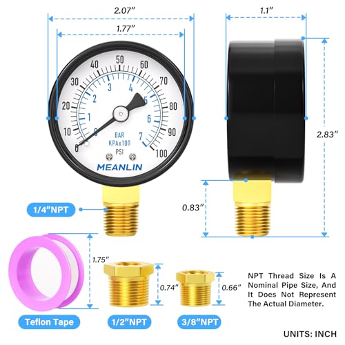 0-100Psi 2" DIAL FACE 1/4" NPT Well Pump Pressure Gauge, with 1/2" NPT and 3/8" NPT Hex Bushing, 3-2-3% Accuracy, Lower Mount - size: 0-100Psi, style: 1/4"NPT Lower Mount
