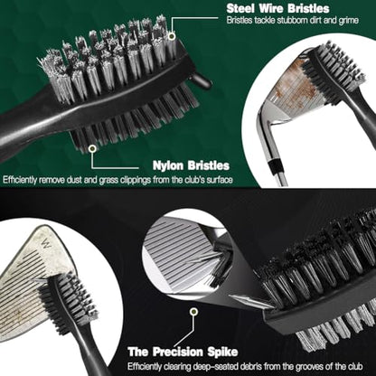 Golf Club Brush and Club Groove Cleaner with Retractable Zip-line - Premium Golf Towel (15 * 14inch) & Empty Water Bottle & Storage Bag - Golf Towel and Brush Set - Essentials Golf Accessories for Men