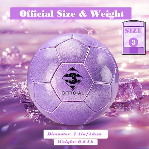 Glitter Purple Soccer Ball Size 3 with Pump & Needle/Mesh Bag, Sofu PU Soccer Ball Kit for Indoor Outdoor Practicing Training Playing Gift Teens Youth Adults