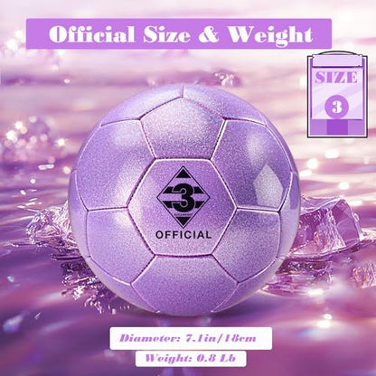 Glitter Purple Soccer Ball Size 3 with Pump & Needle/Mesh Bag, Sofu PU Soccer Ball Kit for Indoor Outdoor Practicing Training Playing Gift Teens Youth Adults