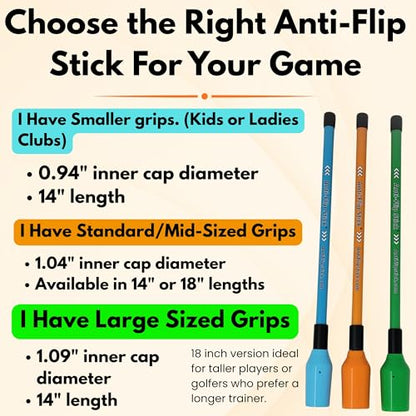 Anti-Flip Stick® Golf Training Swing Aid | Improve Impact & Swing Plane | Chipping Training Aid | Stop Casting & Flipping - color: Large Grips (Green 14" - Cap 1.09), size: 14" Length - Cap Inner Diameter 1.09