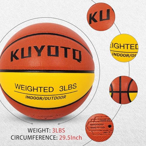 KUYOTQ 3LBS/3.3LBS/2.2LBS Weighted Heavy Training Basketball 29.5/28.5" in and Outdoor Improving Handling Dribbling Passing Rebounding Skill Composite Size 7/6 Weighted Training Basketball Equipment - color: Brown+Yellow, size: Size 7 Adult - 29.5"-3LBS