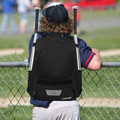 LARIPOP Youth Baseball Bag, Bat Backpack with Fence Hook & Separate Shoe Compartment, Waterproof Equipment Bag for Baseball, T-Ball & Softball - color: Black