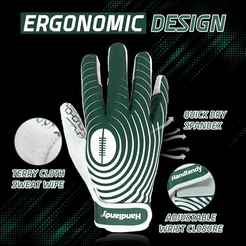 HANDLANDY Youth Football Gloves, Kids Sticky Receiver Gloves,Super Grip Football Glove Best Gift for Boys,Girls - color: White and Green, size: X-Small-Youth