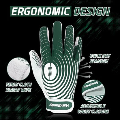 HANDLANDY Youth Football Gloves, Kids Sticky Receiver Gloves,Super Grip Football Glove Best Gift for Boys,Girls - color: White and Green, size: X-Small-Youth