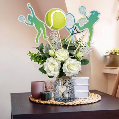 16 Pcs Tennis Collection Table Toppers - Tennis Theme Birthday Table Centerpieces Sticks,Tennis Racket Ball Player Sport Themed Bday Party Supplies - color: Green