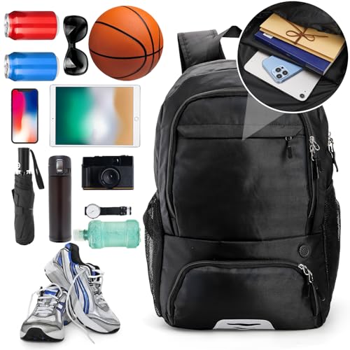 Basketball Backpack, Large Soccer Bag with Separate Ball Holder Shoe Compartment, Black Sport Bag for Basketball, Soccer, Football, Volleyball, Gym, Training, Travel