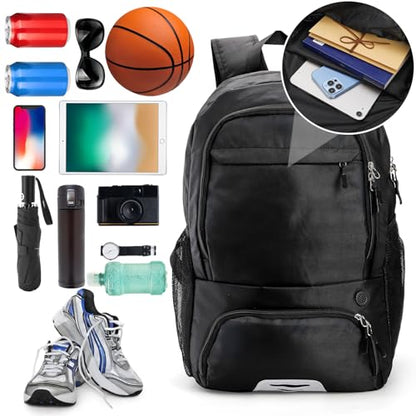 Basketball Backpack, Large Soccer Bag with Separate Ball Holder Shoe Compartment, Black Sport Bag for Basketball, Soccer, Football, Volleyball, Gym, Training, Travel