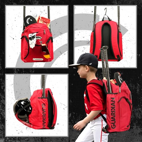 Guardian Baseball Backpack for Youth, Softball Bag for Girls, Durable Bat Bags Baseball Youth Boys and Girls, TBall Bag – Includes Hook to Hang on Fence - color: Red/Black