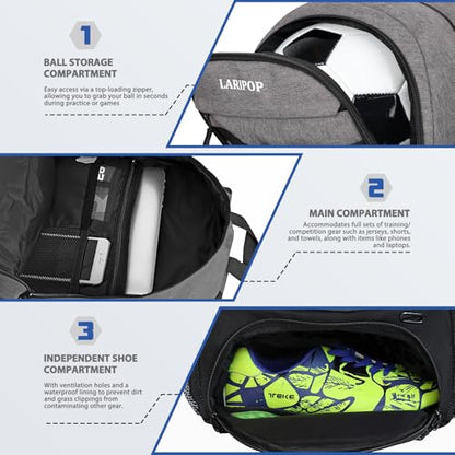 LARIPOP Soccer Backpack with Ball Holder & Shoe Compartment Large Capacity Youth Sports Bag for Training - color: Light gray