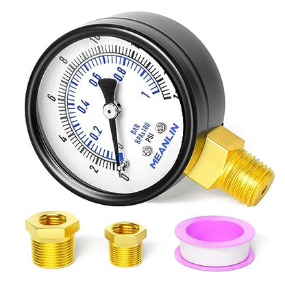 0-15Psi 2" DIAL FACE 1/4" NPT Well Pump Pressure Gauge, with 1/2" NPT and 3/8" NPT Hex Bushing, 3-2-3% Accuracy, Lower Mount - size: 0-15Psi, style: 1/4"NPT Lower Mount