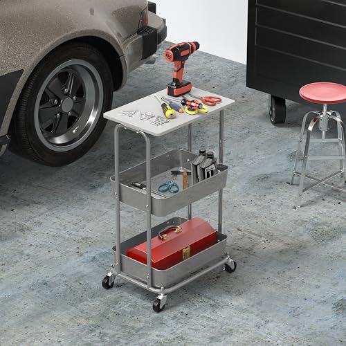 Simple Houseware 2-Tier Rolling Utility Cart with Lockable Wheels and Wood Top, Metal Storage Organizer Trolley for Kitchen, Bathroom, Office, Craft Room, White